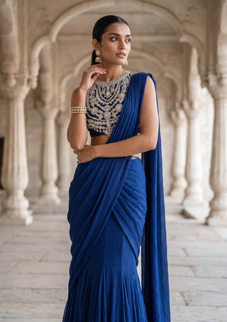 Neel dipti blue pre-draped sari with blouse