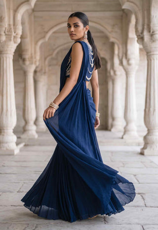 Neel dipti blue pre-draped sari with blouse