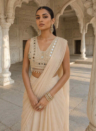 Zari chaya ivory layered pre-draped sari with blouse