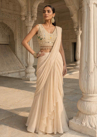 Zari chaya ivory layered pre-draped sari with blouse