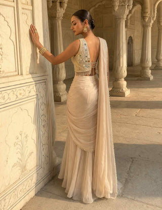 Zari chaya ivory layered pre-draped sari with blouse