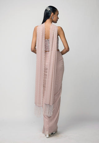 Ash pink draped sequins embroidered skirt set