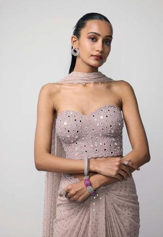 Ash pink draped sequins embroidered skirt set