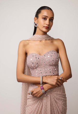 Ash pink draped sequins embroidered skirt set