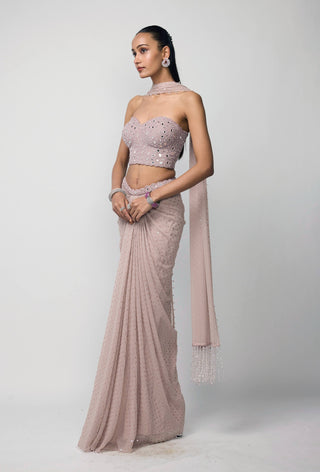 Ash pink draped sequins embroidered skirt set