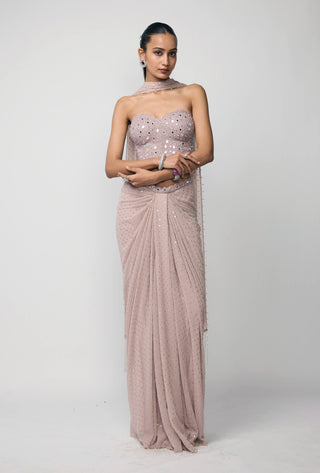 Ash pink draped sequins embroidered skirt set