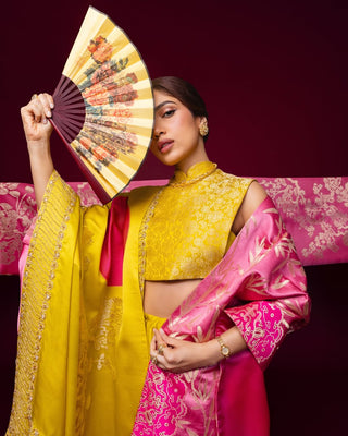 Yellow ochre mashroo silk sari