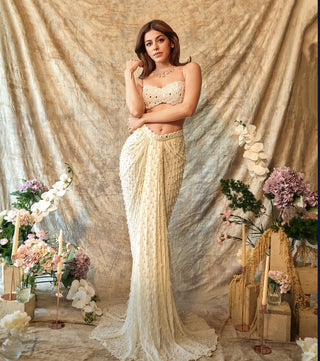 Pearl white dense drop draped skirt set