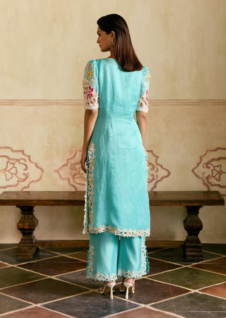 Aqua and ivory applique cutwork kurta set