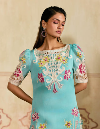 Aqua and ivory applique cutwork kurta set