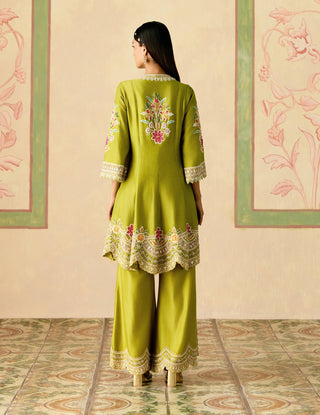 Olive contrast flared short kurta and bell bottom