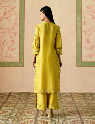 Yellow cutwork and 3d florals kurta set