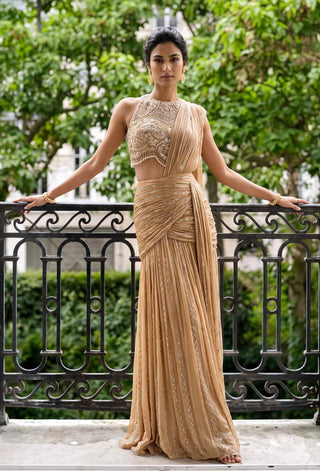 Aurelia gold pre-stitched sari with halter blouse