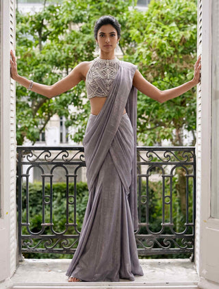 Perle grey pre-stitched sari with halter blouse