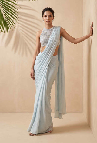 Seren powder blue pre-stitched sari with blouse