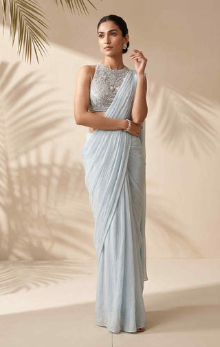 Seren powder blue pre-stitched sari with blouse