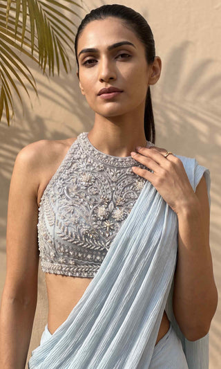 Seren powder blue pre-stitched sari with blouse