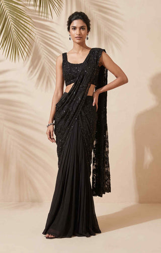 Raven black pre-stitched sari with blouse