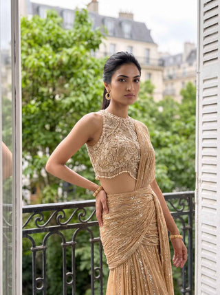 Aurelia gold pre-stitched sari with halter blouse