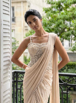 Florencia ivory pre-stitched sari with corset