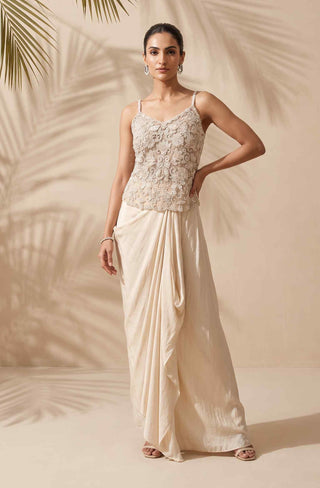 Opaline ivory embroidered top with draped skirt