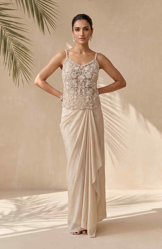 Opaline ivory embroidered top with draped skirt