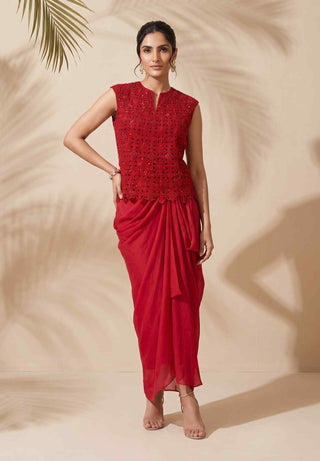 Vivana red cutout top with draped skirt