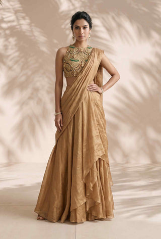 Camille gold pre-stitched sari with jewelled blouse