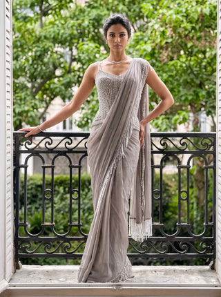 Vesper grey pre-stitched sari with corset