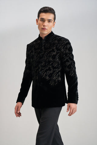 Black embroidered velvet bandhgala set