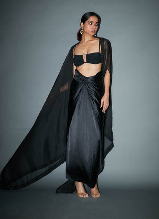 Itrh-Anastasia Black Draped Skirt And Cape Set-INDIASPOPUP.COM