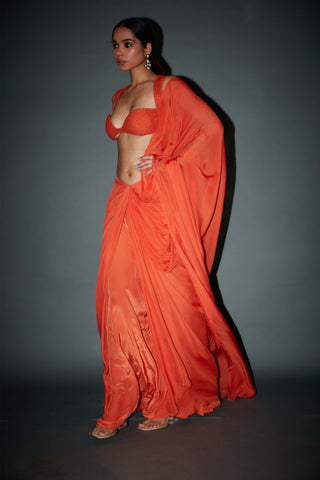 Itrh-Maddeline Orange Draped Sari And Blouse-INDIASPOPUP.COM