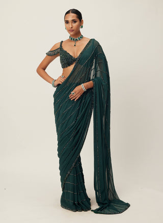 Dark jade green crystal linear embroidered sari and blouse