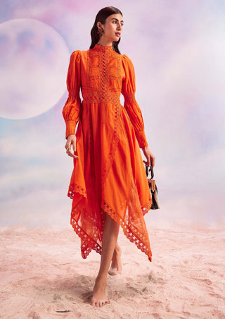 House Of Eda-Sabrina Orange Midi Dress-INDIASPOPUP.COM