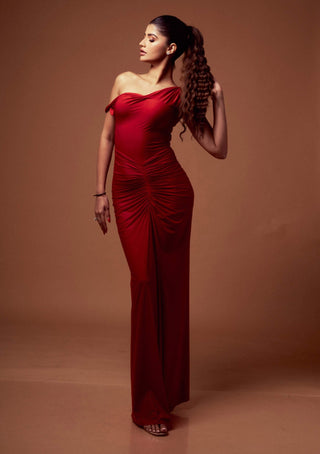 Deme By Gabriella-Red One-Shoulder Gown-INDIASPOPUP.COM