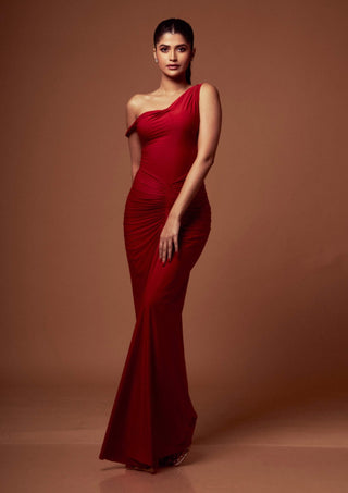 Deme By Gabriella-Red One-Shoulder Gown-INDIASPOPUP.COM