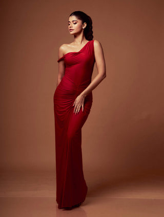 Deme By Gabriella-Red One-Shoulder Gown-INDIASPOPUP.COM