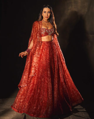 Ziba red printed lehenga and cape set