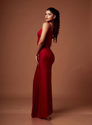 Deme By Gabriella-Red One-Shoulder Gown-INDIASPOPUP.COM