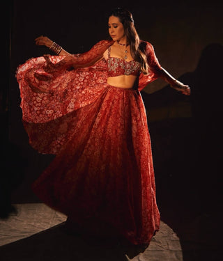 Ziba red printed lehenga and cape set