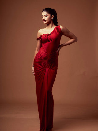 Deme By Gabriella-Red One-Shoulder Gown-INDIASPOPUP.COM