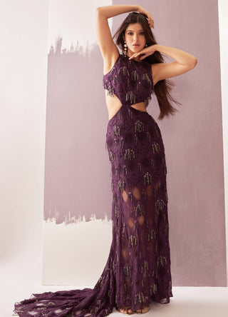 Deep Plum Lace Gown by Nirmooha available on Indiaspopup.com