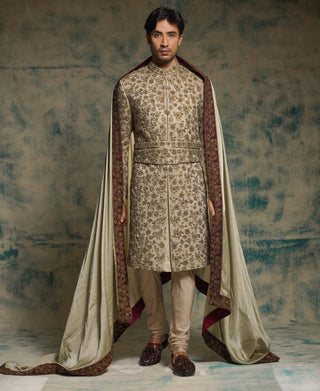 Sand grey linen silk embroidered sherwani set XS