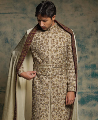Sand grey linen silk embroidered sherwani set