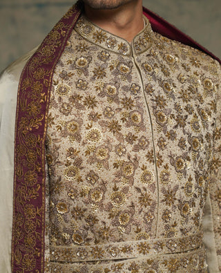 Sand grey linen silk embroidered sherwani set