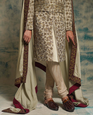 Sand grey linen silk embroidered sherwani set