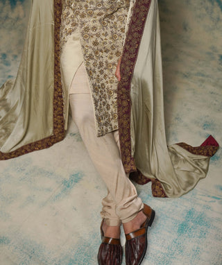 Sand grey linen silk embroidered sherwani set