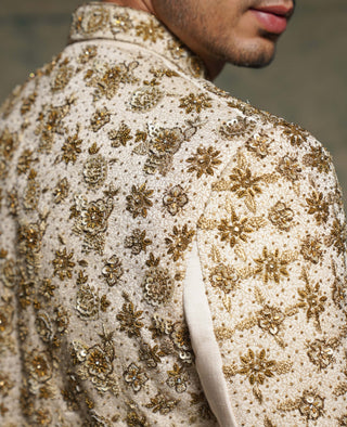 Ethereal rose crème zardosi dabka sherwani set