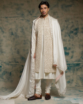 Ivory embroidered pearl open sherwani set