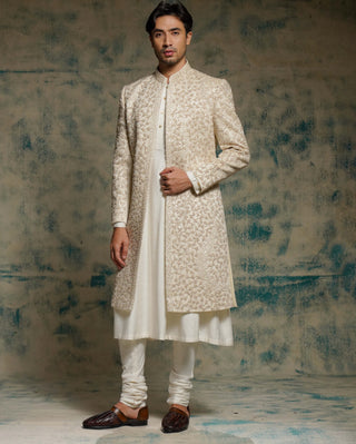 Ivory embroidered pearl open sherwani set